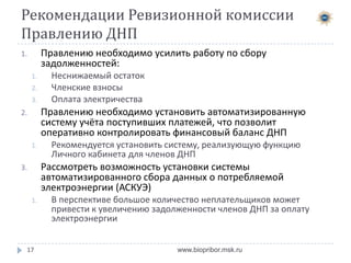 Выводы ревизионной комиссии
 Смета на 2013 год исполнена полностью в части запланированных


расходов
Сверх сметы произведены расходы в размере 346тыс.руб, которые
включают в себя:





Более 100 членов ДНП не оплатили членский взнос и/или неснижаемый
остаток






Сбор данных осуществляется в «ручном» режиме

Максимальная нагрузка на сеть составила 5,1% от максимальной нагрузки




Общая сумма задолженностей за электричество составляет 113т.руб

Полное исполнение сметы стало возможным только благодаря средствам,
оставшимся на расчётном счёте ДНП по окончании строительства и за счёт
средств новых членов ДНП
Учёт потребления электричества был осуществлён только два раза за
сезон




Общая сумма задолженностей по взносам составляет 157т.руб.

Налицо НИЗКАЯ дисциплина оплаты электричества: оплачена только 40%
электричества




Строительство дороги до трансформатора – 140т.р.
Подключение новых членов – 191т.р.

Учитывая нагрузку на трансформатор, потери в сети и энергозатраты на работу
трансформатора составили более 25% от потреблённой энергии

В листе ожидания на подключение электричества зарегистрировано 15
человек

17

www.biopribor.msk.ru

 
