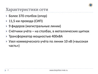 Характеристики сети
Более 370 столбов (опор)
11,5 км провода (СИП)
9 фидеров (магистральные линии)
Счётчики учёта – на столбах, в металлических щитках
Трансформатор мощностью 400кВА
Узел коммерческого учёта по линии 10 кВ («высокая
часть»)









7

www.biopribor.msk.ru

 