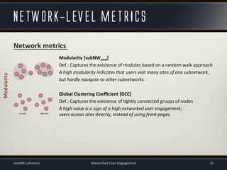 Network	
  metrics	
  
	
  
	
   	
   	
   	
  Modularity	
  [subNWmod]	
  
	
   	
   	
   	
  Def.:	
  Captures	
  the	
 ...