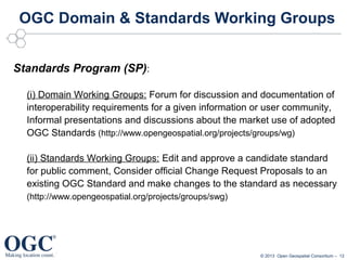 OGC Domain & Standards Working Groups
Standards Program (SP):
(i) Domain Working Groups: Forum for discussion and documentation of
interoperability requirements for a given information or user community,
Informal presentations and discussions about the market use of adopted
OGC Standards (http://www.opengeospatial.org/projects/groups/wg)
(ii) Standards Working Groups: Edit and approve a candidate standard
for public comment, Consider official Change Request Proposals to an
existing OGC Standard and make changes to the standard as necessary
(http://www.opengeospatial.org/projects/groups/swg)

© 2013 Open Geospatial Consortium – 12

 