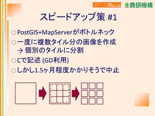 スピードアップ策 #1
○ PostGIS+MapServerがボトルネック
○ 一度に複数タイル分の画像を作成

→ 個別のタイルに分割
○ Cで記述 (GD利用)
○ しかし1.5ヶ月程度かかりそうで中止

 