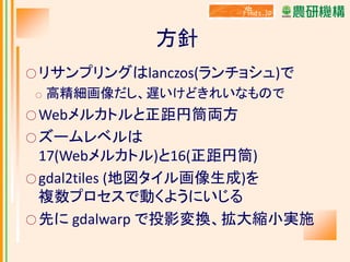 方針
○ リサンプリングはlanczos(ランチョシュ)で
○

高精細画像だし、遅いけどきれいなもので

○ Webメルカトルと正距円筒両方
○ ズームレベルは

17(Webメルカトル)と16(正距円筒)
○ gdal2tiles (地図タイル画像生成)を
複数プロセスで動くようにいじる
○ 先に gdalwarp で投影変換、拡大縮小実施

 