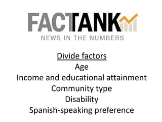 Divide factors
Age
Income and educational attainment
Community type
Disability
Spanish-speaking preference

 