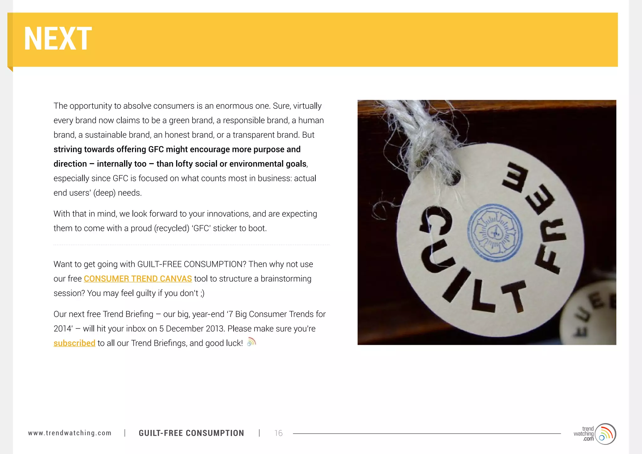 NEXT
The opportunity to absolve consumers is an enormous one. Sure, virtually
every brand now claims to be a green brand, a responsible brand, a human
brand, a sustainable brand, an honest brand, or a transparent brand. But
striving towards offering GFC might encourage more purpose and
direction – internally too – than lofty social or environmental goals,
especially since GFC is focused on what counts most in business: actual
end users’ (deep) needs.
With that in mind, we look forward to your innovations, and are expecting
them to come with a proud (recycled) ‘GFC’ sticker to boot.

Want to get going with GUILT-FREE CONSUMPTION? Then why not use
our free CONSUMER TREND CANVAS tool to structure a brainstorming
session? You may feel guilty if you don’t ;)
Our next free Trend Briefing – our big, year-end ‘7 Big Consumer Trends for
2014’ – will hit your inbox on 5 December 2013. Please make sure you’re
subscribed to all our Trend Briefings, and good luck!

w w w. t r e n d w a t c h i n g . c o m

GUILT-FREE CONSUMPTION

16

 