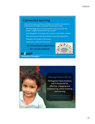 11/21/13	
  

Connected	
  learning	
  
Links	
  and	
  leverages	
  experiences,	
  interests,	
  communi?es,	
  and	
  contexts	
  in	
  
which	
  learners	
  par?cipate	
  as	
  poten?al	
  learning	
  opportuni?es.	
  
•  New	
  technology	
  tools	
  to	
  connect	
  people	
  to	
  ideas	
  and	
  people	
  with	
  
people	
  –	
  a	
  highly	
  connected	
  learning	
  ecosystem	
  
•  Learning	
  together	
  across	
  genera?ons,	
  cultures,	
  communi?es,	
  contexts	
  
•  Mash	
  up	
  formal	
  and	
  informal	
  to	
  develop	
  unique	
  learning	
  pathways	
  
•  Integra?on	
  and	
  cura?on	
  to	
  ﬁnd	
  answers	
  
•  Bridge	
  home,	
  school	
  and	
  “third	
  spaces”

	
  

	
  A	
  connec@vist	
  approach	
  
	
   	
  for	
  construc@vists	
  

	
  

Moving	
  Erikson	
  Online	
  
Homegrown	
  best	
  prac?ces	
  
and	
  5	
  keywords	
  for	
  
eﬀec?ve,	
  engaging	
  and	
  
empowering	
  online	
  teaching	
  
and	
  learning	
  	
  
Early	
  Childhood	
  Teacher	
  Educa?on	
  	
  	
  	
  
and	
  Professional	
  Development	
  

13	
  

 
