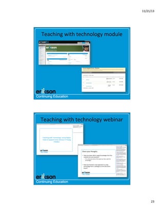 11/21/13	
  

Teaching	
  with	
  technology	
  module	
  

Teaching	
  with	
  technology	
  webinar	
  

23	
  

 