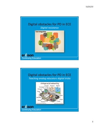 11/21/13	
  

Digital	
  obstacles	
  for	
  PD	
  in	
  ECE	
  
Digital	
  resistance	
  

Digital	
  obstacles	
  for	
  PD	
  in	
  ECE	
  
Teaching	
  analog	
  educators	
  digital	
  tricks	
  

3	
  

 