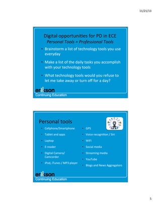 11/21/13	
  

Digital	
  opportuni?es	
  for	
  PD	
  in	
  ECE	
  
Personal	
  Tools	
  =	
  Professional	
  Tools	
  

•  Brainstorm	
  a	
  list	
  of	
  technology	
  tools	
  you	
  use	
  
everyday	
  
•  Make	
  a	
  list	
  of	
  the	
  daily	
  tasks	
  you	
  accomplish	
  
with	
  your	
  technology	
  tools	
  
•  What	
  technology	
  tools	
  would	
  you	
  refuse	
  to	
  
let	
  me	
  take	
  away	
  or	
  turn	
  oﬀ	
  for	
  a	
  day?	
  

Personal	
  tools	
  
•  Cellphone/Smartphone	
  

•  GPS	
  

•  Tablet	
  and	
  apps	
  

•  Voice	
  recogni?on	
  /	
  Siri	
  

•  Laptop	
  	
  

•  WiFi	
  

•  E-­‐reader	
  

•  Social	
  media	
  

•  Digital	
  Camera/
Camcorder	
  

•  Streaming	
  media	
  

•  iPod,	
  iTunes	
  /	
  MP3	
  player	
  

•  YouTube	
  
•  Blogs	
  and	
  News	
  Aggregators	
  

5	
  

 