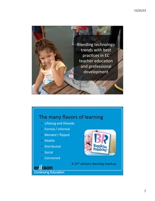 11/21/13	
  

Blending	
  technology	
  
trends	
  with	
  best	
  
prac?ces	
  in	
  EC	
  
teacher	
  educa?on	
  	
  
and	
  professional	
  
development	
  

The	
  many	
  ﬂavors	
  of	
  learning	
  
•  Lifelong	
  and	
  lifewide	
  
•  Formal	
  /	
  informal	
  
•  Blended	
  /	
  ﬂipped	
  
•  Mobile	
  
•  Distributed	
  
•  Social	
  
•  Connected	
  
A	
  21st	
  century	
  learning	
  mashup	
  

7	
  

 