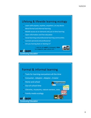 11/21/13	
  

Lifelong	
  &	
  lifewide	
  learning	
  ecology	
  
•  Learn	
  with	
  anyone,	
  any@me,	
  anywhere,	
  on	
  any	
  device	
  
•  Blend	
  formal	
  and	
  informal	
  learning	
  
•  Mobile	
  access	
  to	
  on	
  demand	
  and	
  just-­‐in-­‐?me	
  learning	
  
•  Open	
  informa?on	
  and	
  free	
  educa?on	
  
•  Social	
  learning	
  and	
  professional	
  learning	
  communi?es	
  
•  Connect	
  personal	
  and	
  professional	
  
•  Are	
  you	
  leaning	
  back	
  or	
  leaning	
  in?	
  
	
  

	
  

“…now	
  we	
  can	
  watch	
  a	
  newspaper,	
  listen	
  
to	
  a	
  magazine,	
  see	
  a	
  phone	
  call…”	
  

Formal	
  &	
  informal	
  learning	
  	
  
•  Tools	
  for	
  learning	
  everywhere-­‐all-­‐the-­‐?me	
  
•  Consumer…Adopter…Adapter…Creator	
  
•  Home	
  and	
  school	
  
•  Out-­‐of-­‐school	
  ?me	
  
•  Libraries,	
  museums,	
  nature	
  centers,	
  zoos	
  
•  Family	
  media	
  ecology	
  

8	
  

 