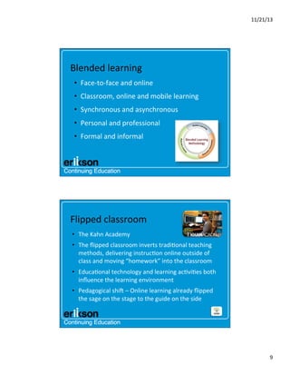 11/21/13	
  

Blended	
  learning	
  
•  Face-­‐to-­‐face	
  and	
  online	
  	
  
•  Classroom,	
  online	
  and	
  mobile	
  learning	
  
•  Synchronous	
  and	
  asynchronous	
  
•  Personal	
  and	
  professional	
  
•  Formal	
  and	
  informal	
  

Flipped	
  classroom	
  
•  The	
  Kahn	
  Academy	
  
•  The	
  ﬂipped	
  classroom	
  inverts	
  tradi?onal	
  teaching	
  
methods,	
  delivering	
  instruc?on	
  online	
  outside	
  of	
  
class	
  and	
  moving	
  “homework”	
  into	
  the	
  classroom	
  
•  Educa?onal	
  technology	
  and	
  learning	
  ac?vi?es	
  both	
  
inﬂuence	
  the	
  learning	
  environment	
  	
  
•  Pedagogical	
  shig	
  –	
  Online	
  learning	
  already	
  ﬂipped	
  
the	
  sage	
  on	
  the	
  stage	
  to	
  the	
  guide	
  on	
  the	
  side	
  	
  

9	
  

 