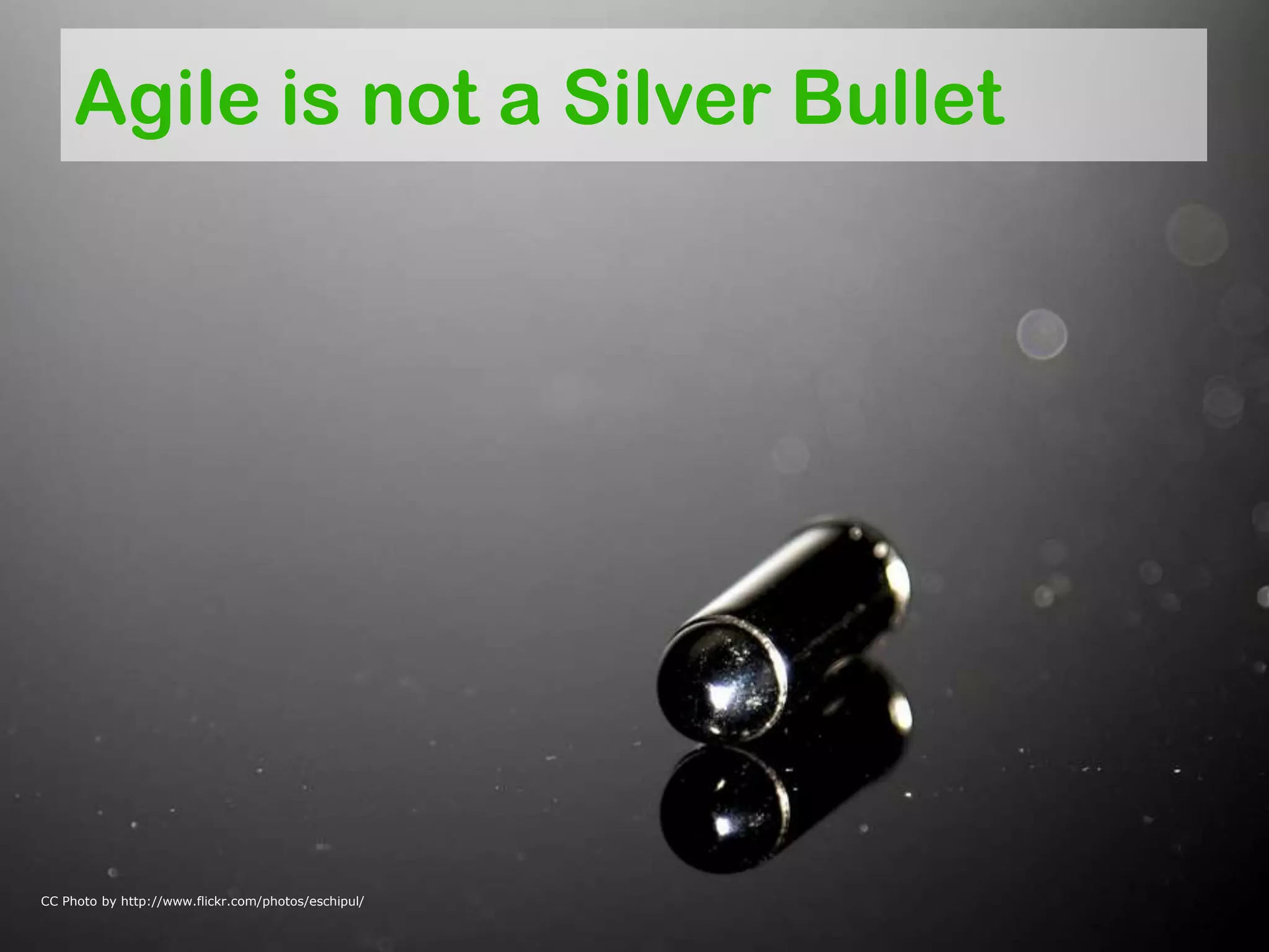 Agile is not a Silver Bullet

CC Photo by http://www.flickr.com/photos/eschipul/

 