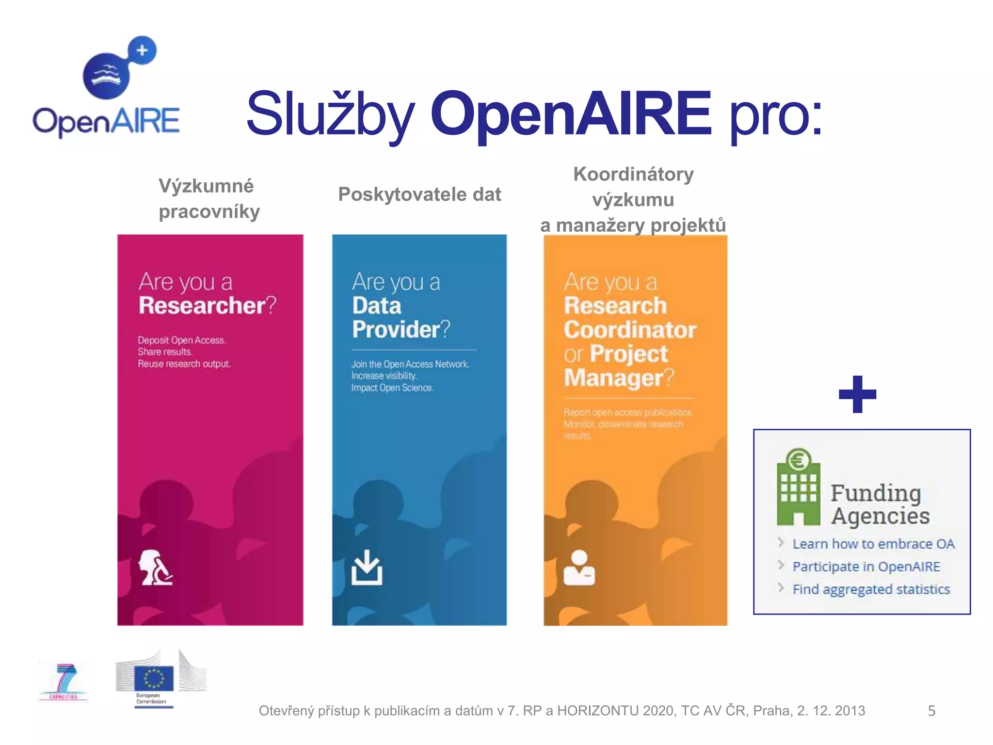 Služby OpenAIRE pro:
Výzkumné
pracovníky

Poskytovatele dat

Koordinátory
výzkumu
a manažery projektů

+

Otevřený přístup k publikacím a datům v 7. RP a HORIZONTU 2020, TC AV ČR, Praha, 2. 12. 2013

5

 
