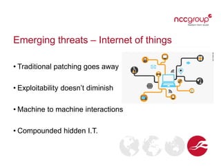 Emerging threats – Internet of things
• Traditional patching goes away
• Exploitability doesn’t diminish
• Machine to machine interactions

• Compounded hidden I.T.

 