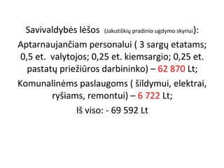 Savivaldybės lėšos (Jakutiškių pradinio ugdymo skyriui):
Aptarnaujančiam personalui ( 3 sargų etatams;
0,5 et. valytojos; 0,25 et. kiemsargio; 0,25 et.
pastatų priežiūros darbininko) – 62 870 Lt;
Komunalinėms paslaugoms ( šildymui, elektrai,
ryšiams, remontui) – 6 722 Lt;
Iš viso: - 69 592 Lt

 