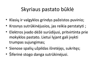 Skyriaus pastato būklė
• Klasių ir valgyklos grindys pažeistos puvinio;
• Krosnys sutrūkinėjusios, jas reikia perstatyti ;
• Elektros įvado dėžė surūdijusi, pritvirtinta prie
mokyklos pastato. Lietui lyjant gali įvykti
trumpas sujungimas;
• Sienose spalių užpildas išretėjęs, sukritęs;
• Šiferinė stogo danga sutrūkinėjusi.

 