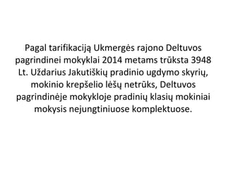 Pagal tarifikaciją Ukmergės rajono Deltuvos
pagrindinei mokyklai 2014 metams trūksta 3948
Lt. Uždarius Jakutiškių pradinio ugdymo skyrių,
mokinio krepšelio lėšų netrūks, Deltuvos
pagrindinėje mokykloje pradinių klasių mokiniai
mokysis nejungtiniuose komplektuose.

 