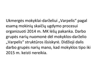Ukmergės mokyklai-darželiui „Varpelis“ pagal
esamą mokinių skaičių ugdymo procesui
organizuoti 2014 m. MK lėšų pakanka. Darbo
grupės narių nuomonė dėl mokyklos-darželio
„Varpelis“ struktūros išsiskyrė. Didžioji dalis
darbo grupės narių mano, kad mokyklos tipo iki
2015 m. keisti nereikia.

 