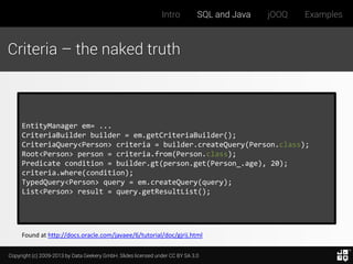 Intro

SQL and Java

jOOQ

Examples

Criteria – the naked truth

EntityManager em= ...
CriteriaBuilder builder = em.getCriteriaBuilder();
CriteriaQuery<Person> criteria = builder.createQuery(Person.class);
Root<Person> person = criteria.from(Person.class);
Predicate condition = builder.gt(person.get(Person_.age), 20);
criteria.where(condition);
TypedQuery<Person> query = em.createQuery(query);
List<Person> result = query.getResultList();

Found at http://docs.oracle.com/javaee/6/tutorial/doc/gjrij.html
Copyright (c) 2009-2013 by Data Geekery GmbH. Slides licensed under CC BY SA 3.0

 
