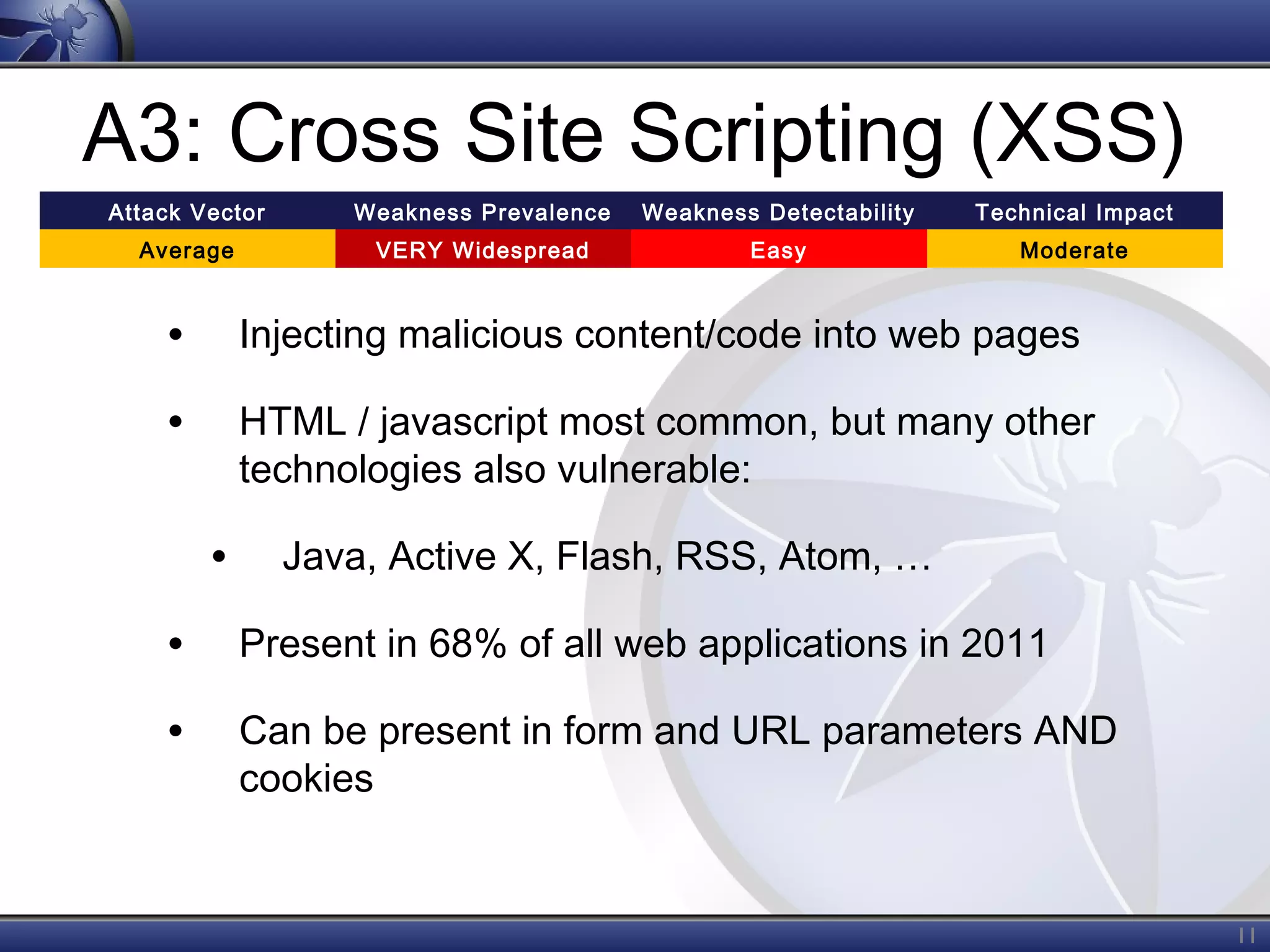 A3: Cross Site Scripting (XSS)
Attack Vector

Weakness Prevalence

Weakness Detectability

Technical Impact

Average

VERY Widespread

Easy

Moderate

•

Injecting malicious content/code into web pages

•

HTML / javascript most common, but many other
technologies also vulnerable:

•

Java, Active X, Flash, RSS, Atom, …

•

Present in 68% of all web applications in 2011

•

Can be present in form and URL parameters AND
cookies

11

 