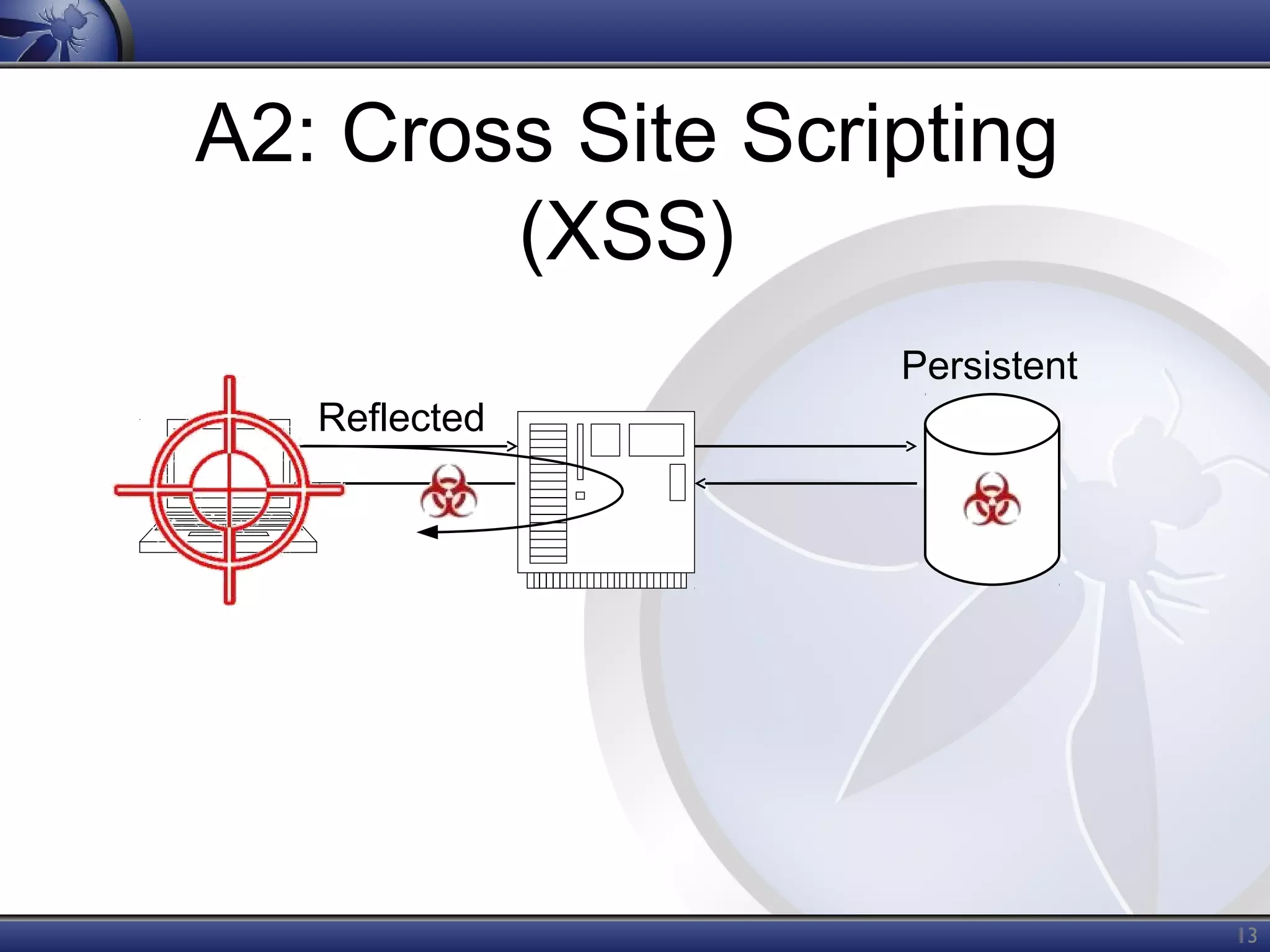 A2: Cross Site Scripting
(XSS)
Reflected

Persistent

13

 