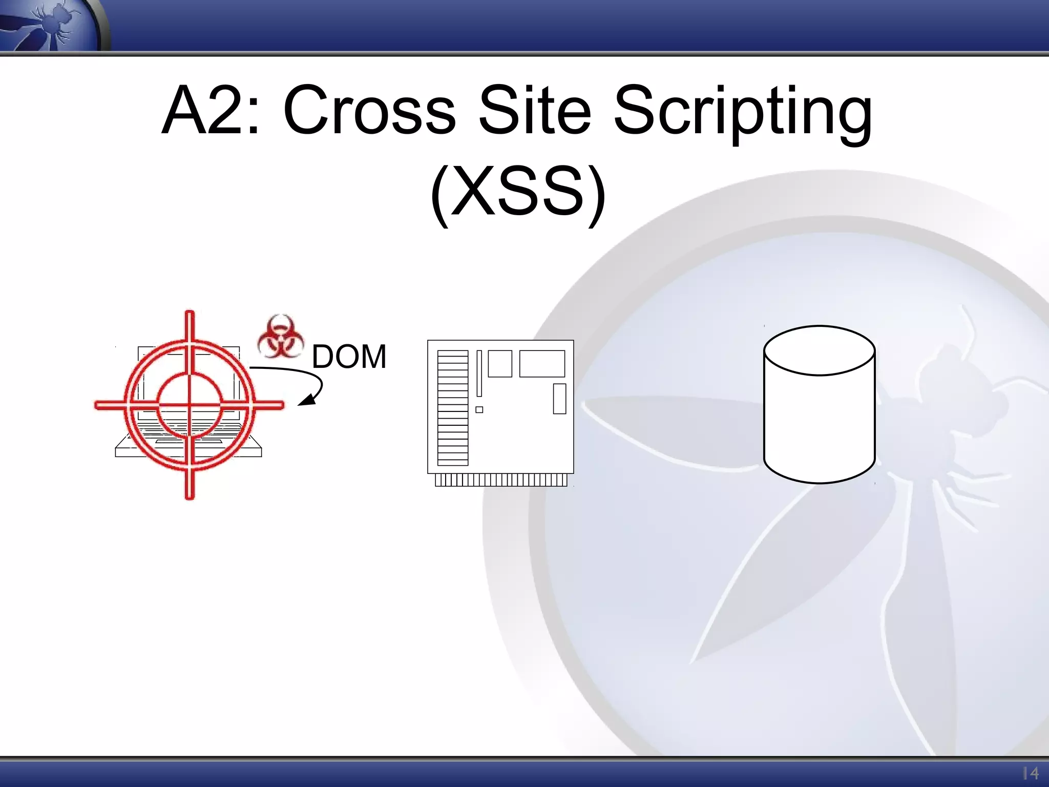 A2: Cross Site Scripting
(XSS)
DOM

14

 
