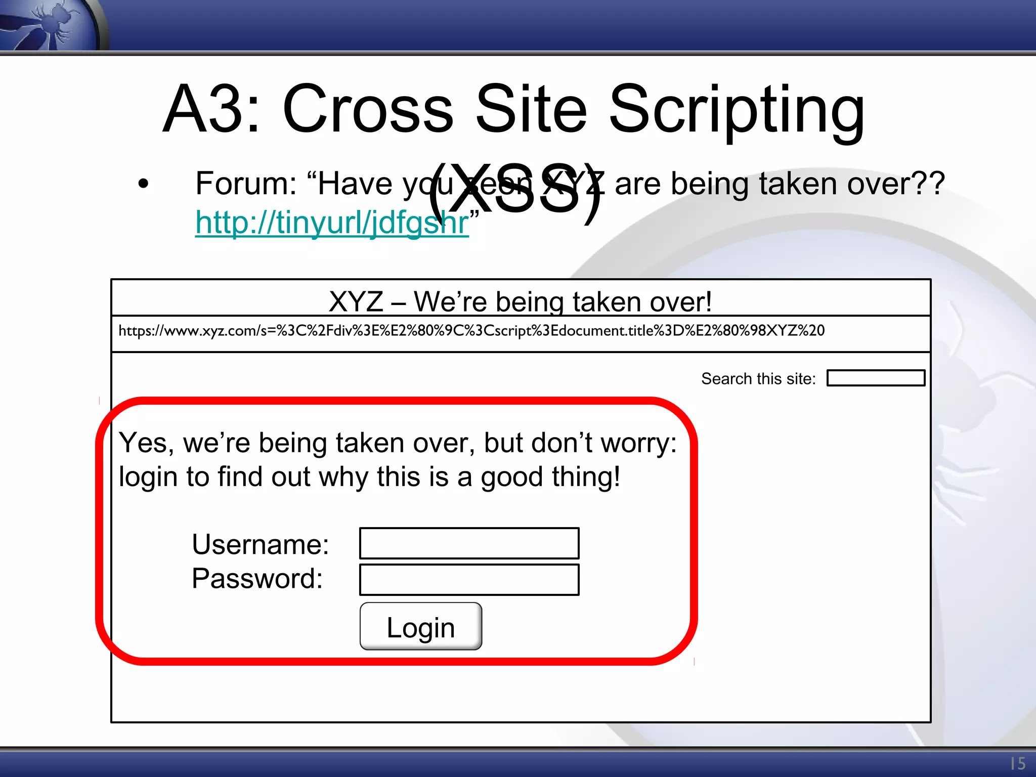 A3: Cross Site Scripting
• Forum: “Have you seen XYZ are being taken over??
(XSS)
http://tinyurl/jdfgshr”
XYZ – We’re being taken over!
https://www.xyz.com/s=%3C%2Fdiv%3E%E2%80%9C%3Cscript%3Edocument.title%3D%E2%80%98XYZ%20
Search this site:

Yes, we’re being taken over, but don’t worry:
login to find out why this is a good thing!
Username:
Password:
Login

15

 