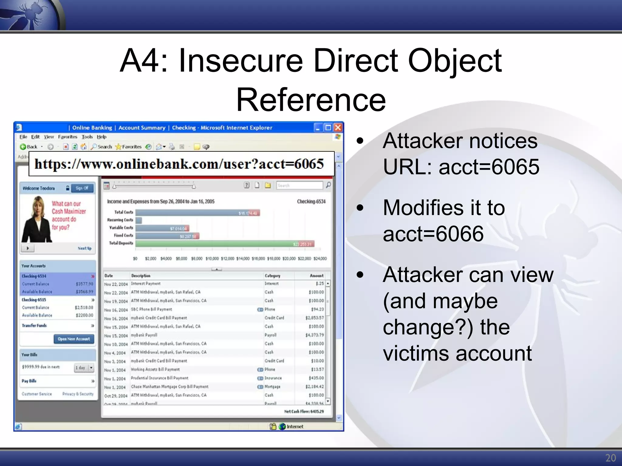 A4: Insecure Direct Object
Reference
• Attacker notices

URL: acct=6065

• Modifies it to
acct=6066

• Attacker can view
(and maybe
change?) the
victims account

20

 