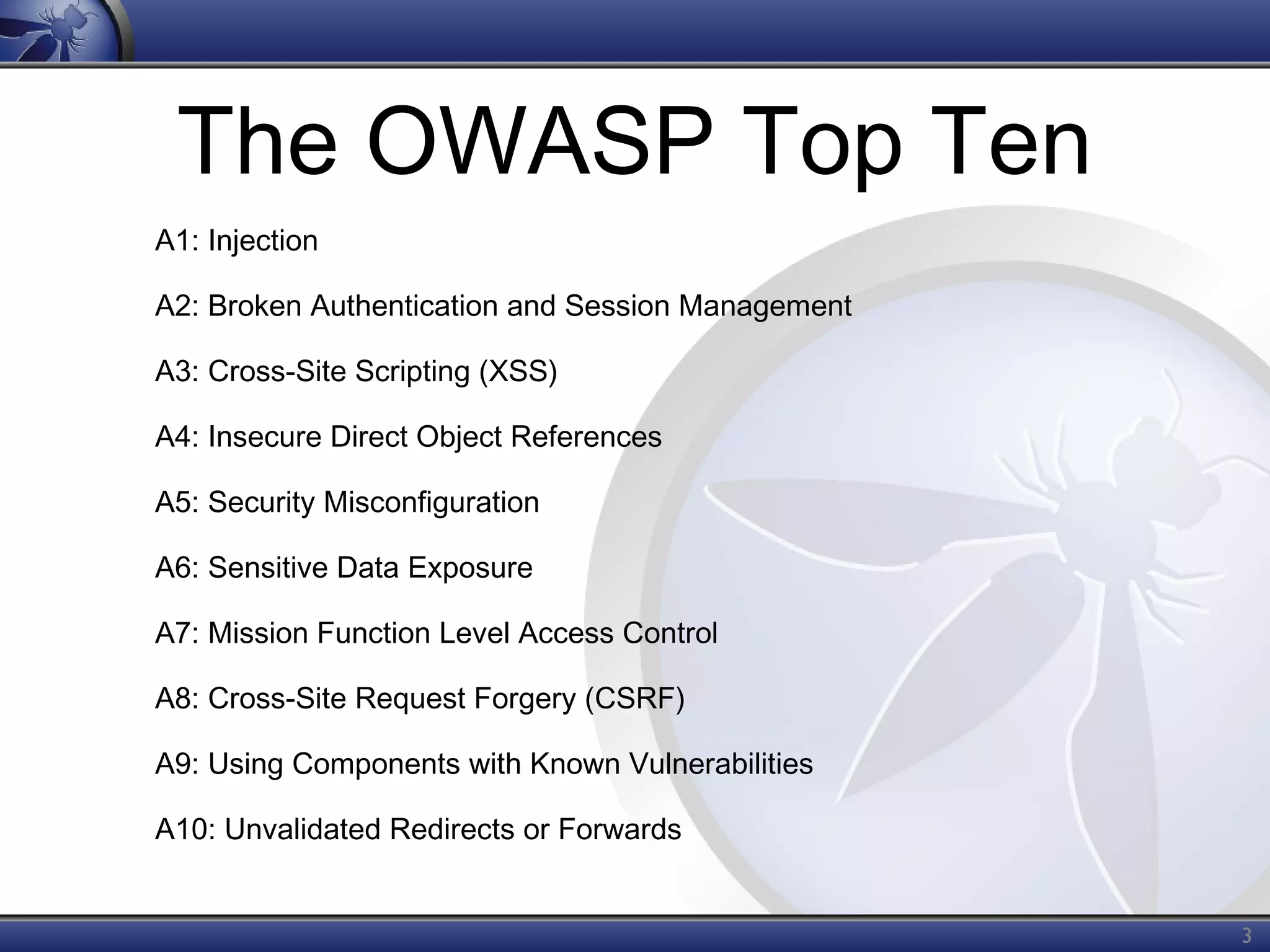 The OWASP Top Ten
A1: Injection
A2: Broken Authentication and Session Management
A3: Cross-Site Scripting (XSS)
A4: Insecure Direct Object References
A5: Security Misconfiguration
A6: Sensitive Data Exposure
A7: Mission Function Level Access Control
A8: Cross-Site Request Forgery (CSRF)
A9: Using Components with Known Vulnerabilities
A10: Unvalidated Redirects or Forwards

3

 