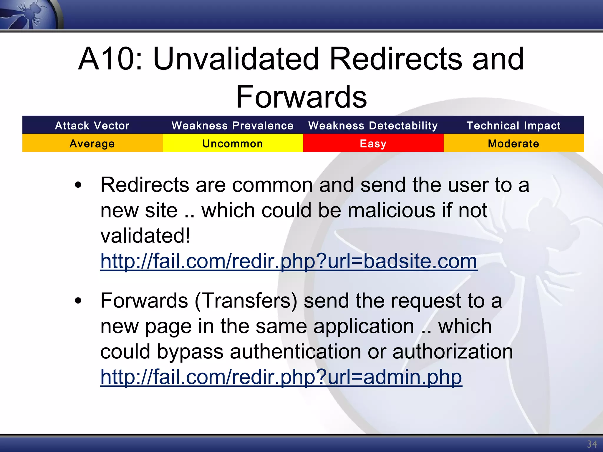 A10: Unvalidated Redirects and
Forwards
Attack Vector

Weakness Prevalence

Weakness Detectability

Technical Impact

Average

Uncommon

Easy

Moderate

• Redirects are common and send the user to a
new site .. which could be malicious if not
validated!
http://fail.com/redir.php?url=badsite.com

• Forwards (Transfers) send the request to a

new page in the same application .. which
could bypass authentication or authorization
http://fail.com/redir.php?url=admin.php
34

 