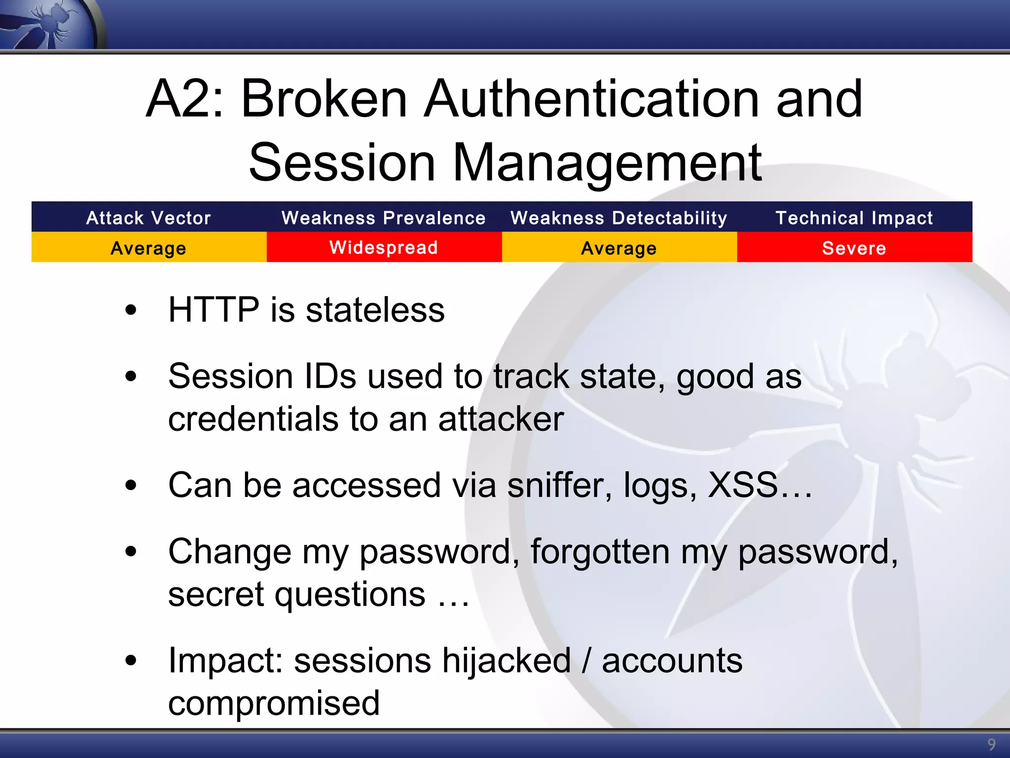 A2: Broken Authentication and
Session Management
Attack Vector

Weakness Prevalence

Weakness Detectability

Technical Impact

Average

Widespread

Average

Severe

• HTTP is stateless
• Session IDs used to track state, good as
credentials to an attacker

• Can be accessed via sniffer, logs, XSS…
• Change my password, forgotten my password,
secret questions …

• Impact: sessions hijacked / accounts
compromised

9

 