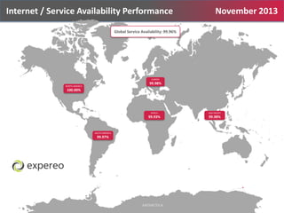Internet / Service Availability Performance

November 2013

Global Service Availability: 99.96%

EUROPE

99.98%

NORTH AMERICA

100.00%

AFRICA

SOUTH AMERICA

99.97%

ASIA PACIFIC

99.93%

99.98%

 