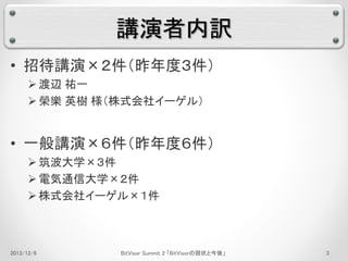 講演者内訳 
• 招待講演×２件（昨年度３件） 
 渡辺祐一 
 榮樂英樹様（株式会社イーゲル） 
• 一般講演×６件（昨年度６件） 
 筑波大学×３件 
 電気通信大学×２件 
 株式会社イーゲル×１件 
2013/12/6 BitVisor Summit 2 「BitVisorの現状と今後」3 
 