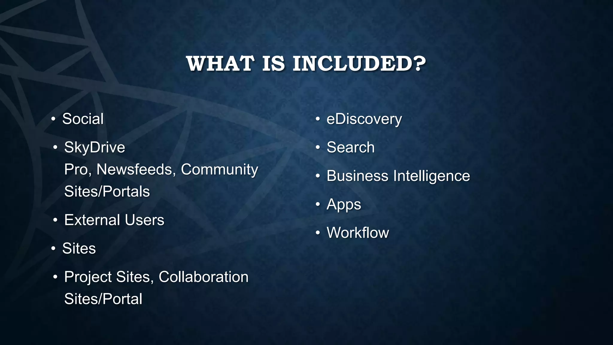 WHAT IS INCLUDED?
• Social

• eDiscovery

• SkyDrive
Pro, Newsfeeds, Community
Sites/Portals

• Search

• External Users

• Sites
• Project Sites, Collaboration
Sites/Portal

• Business Intelligence
• Apps
• Workflow

 