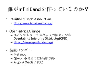 誰がInfiniBandを作っているのか？
• InfiniBand Trade Association
– http://www.infinibandta.org/

• OpenFabrics Alliance
– IBのソフトウェアスタックの開発と配布
OpenFabrics Enterprise Distributes(OFED)
– https://www.openfabrics.org/

• 装置ベンダー
– Mellanox
– QLogic → IB部門はIntelに買収
– Xsigo → Oracleに買収

 