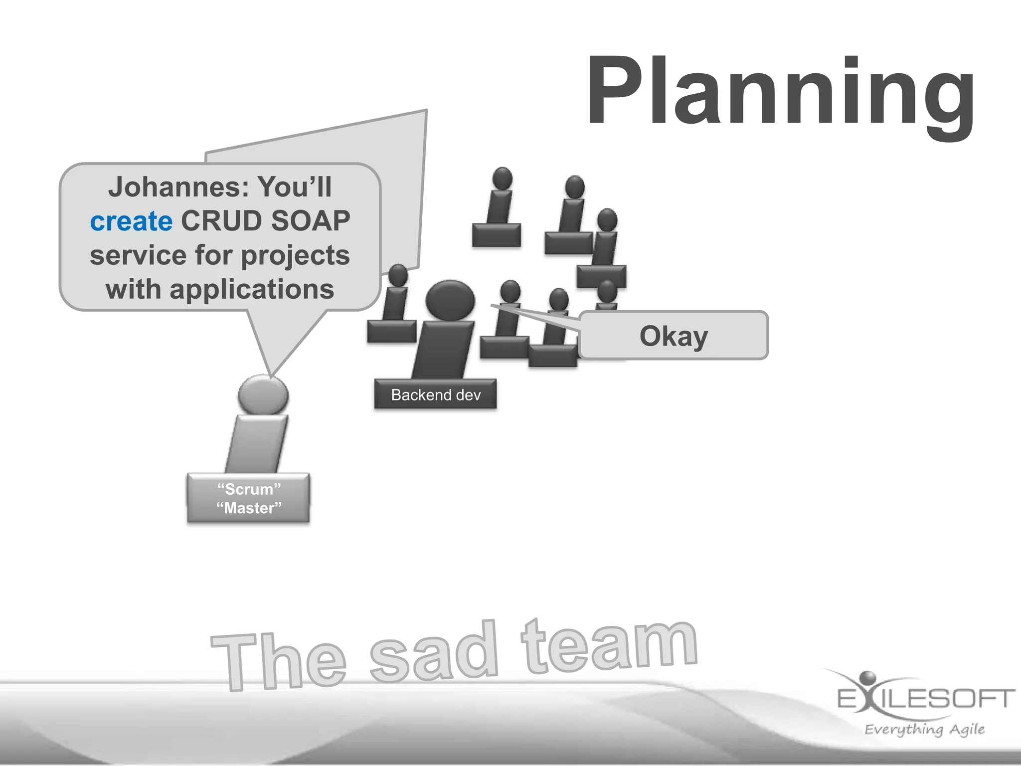 Planning
Johannes: You’ll
create CRUD SOAP
service for projects
with applications
Okay
Backend dev

“Scrum”
Johannes
“Master”

 