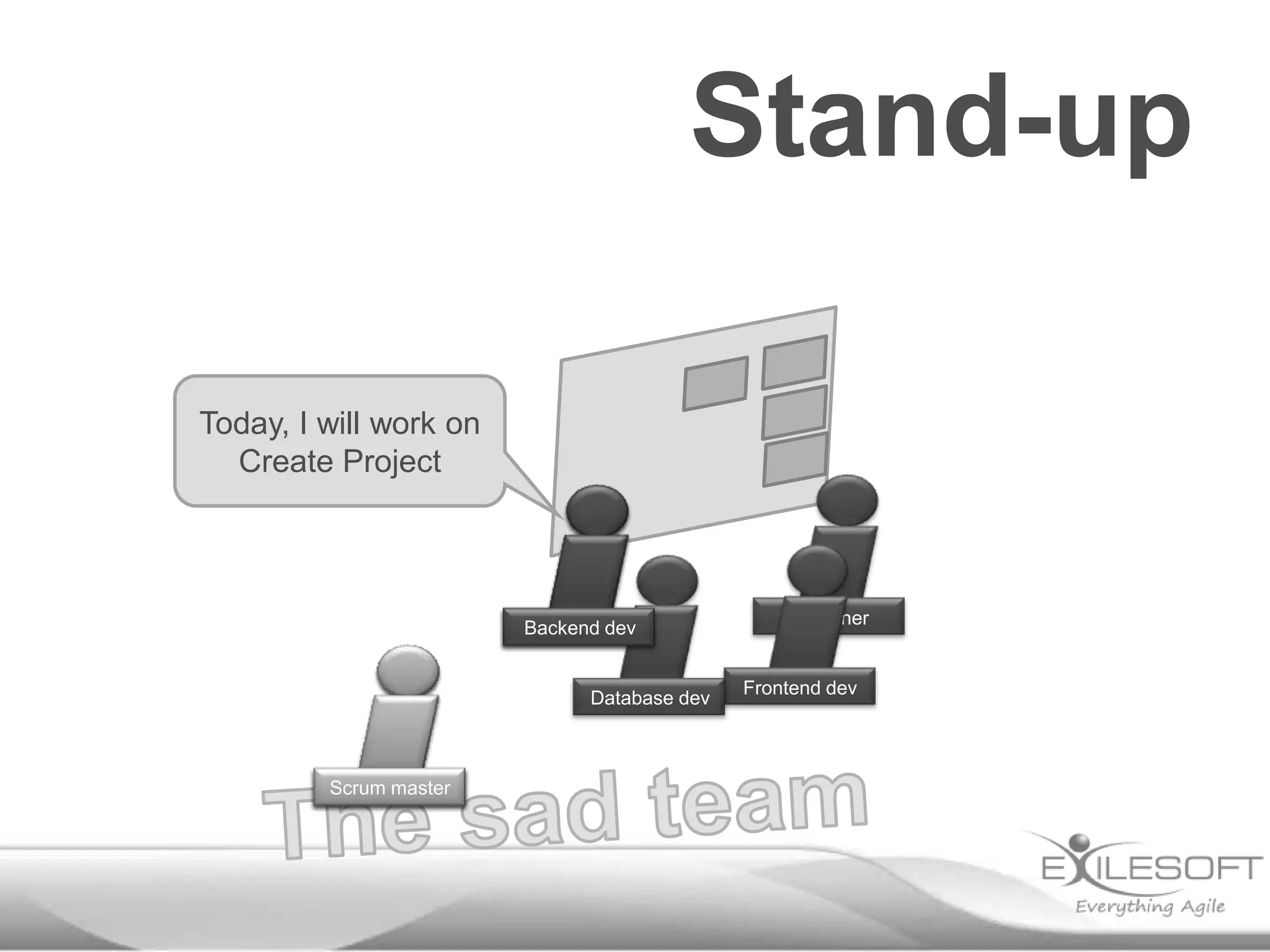 Stand-up
Today, I will work on
Create Project

Backend dev

Database dev

Scrum master
Johannes

Designer

Frontend dev

 
