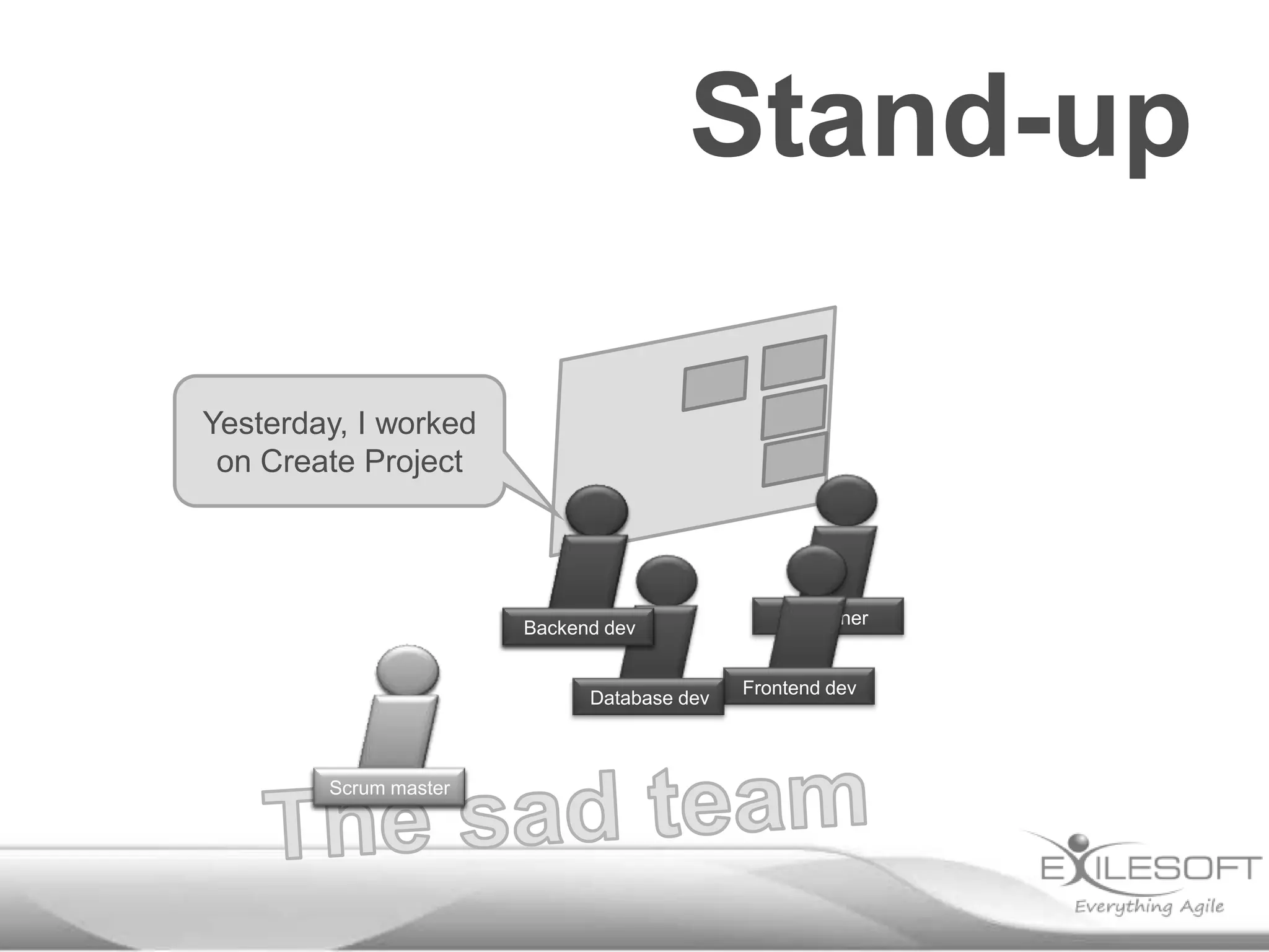 Stand-up
Yesterday, I worked
on Create Project

Backend dev

Database dev

Scrum master
Johannes

Designer

Frontend dev

 