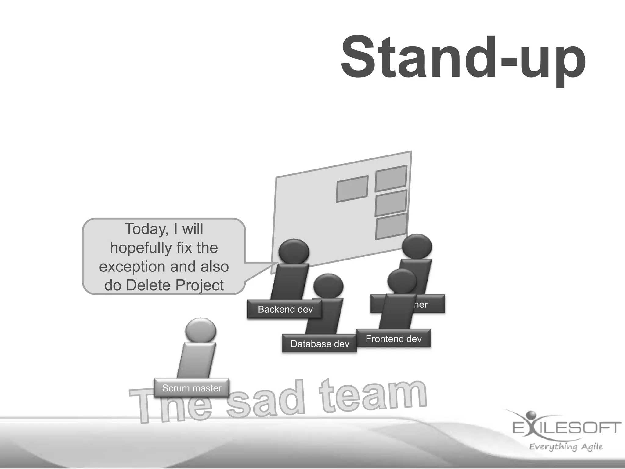 Stand-up
Today, I will
hopefully fix the
exception and also
do Delete Project
Backend dev

Database dev

Scrum master
Johannes

Designer

Frontend dev

 