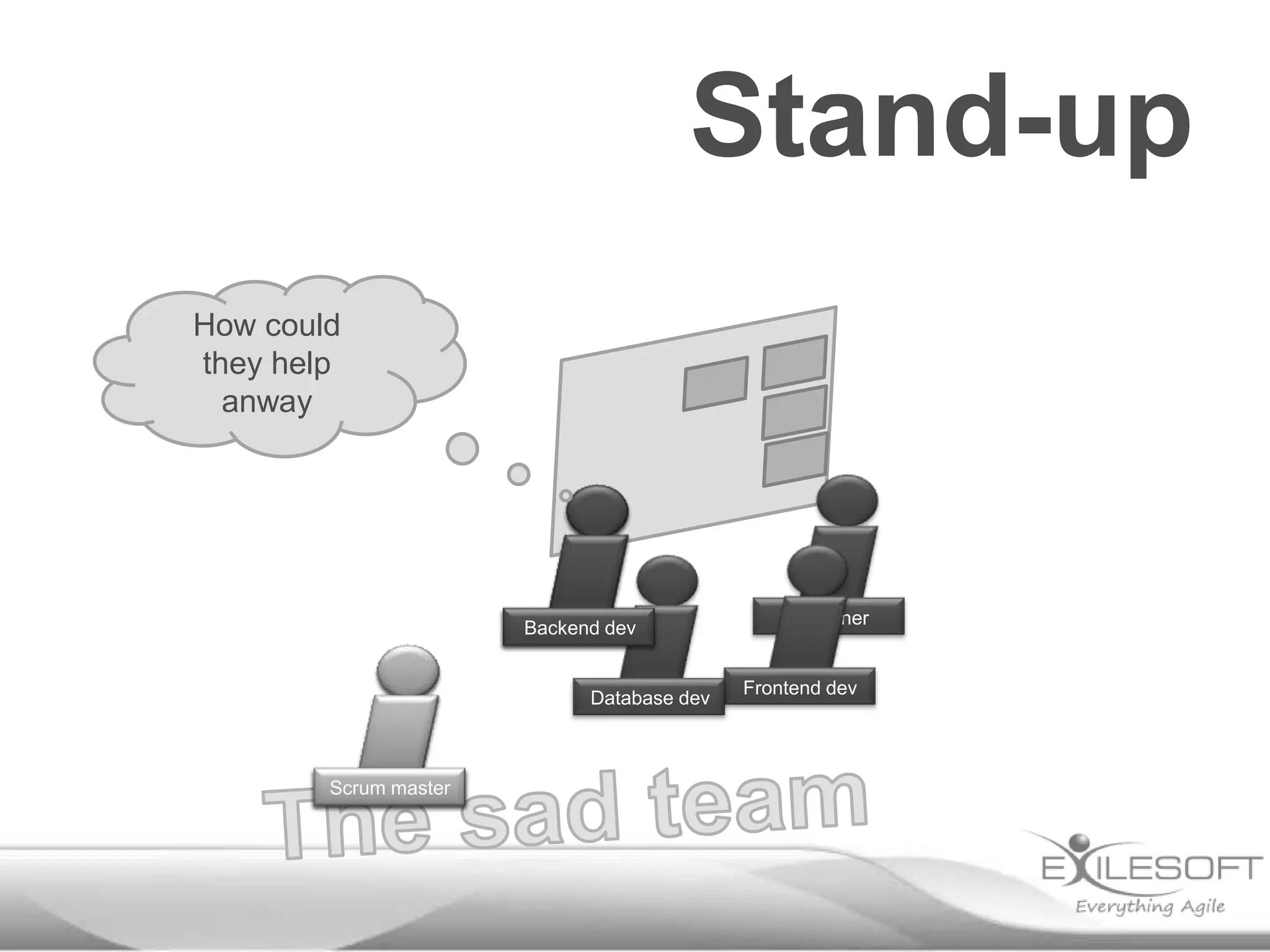 Stand-up
How could
they help
anway

Backend dev

Database dev

Scrum master
Johannes

Designer

Frontend dev

 