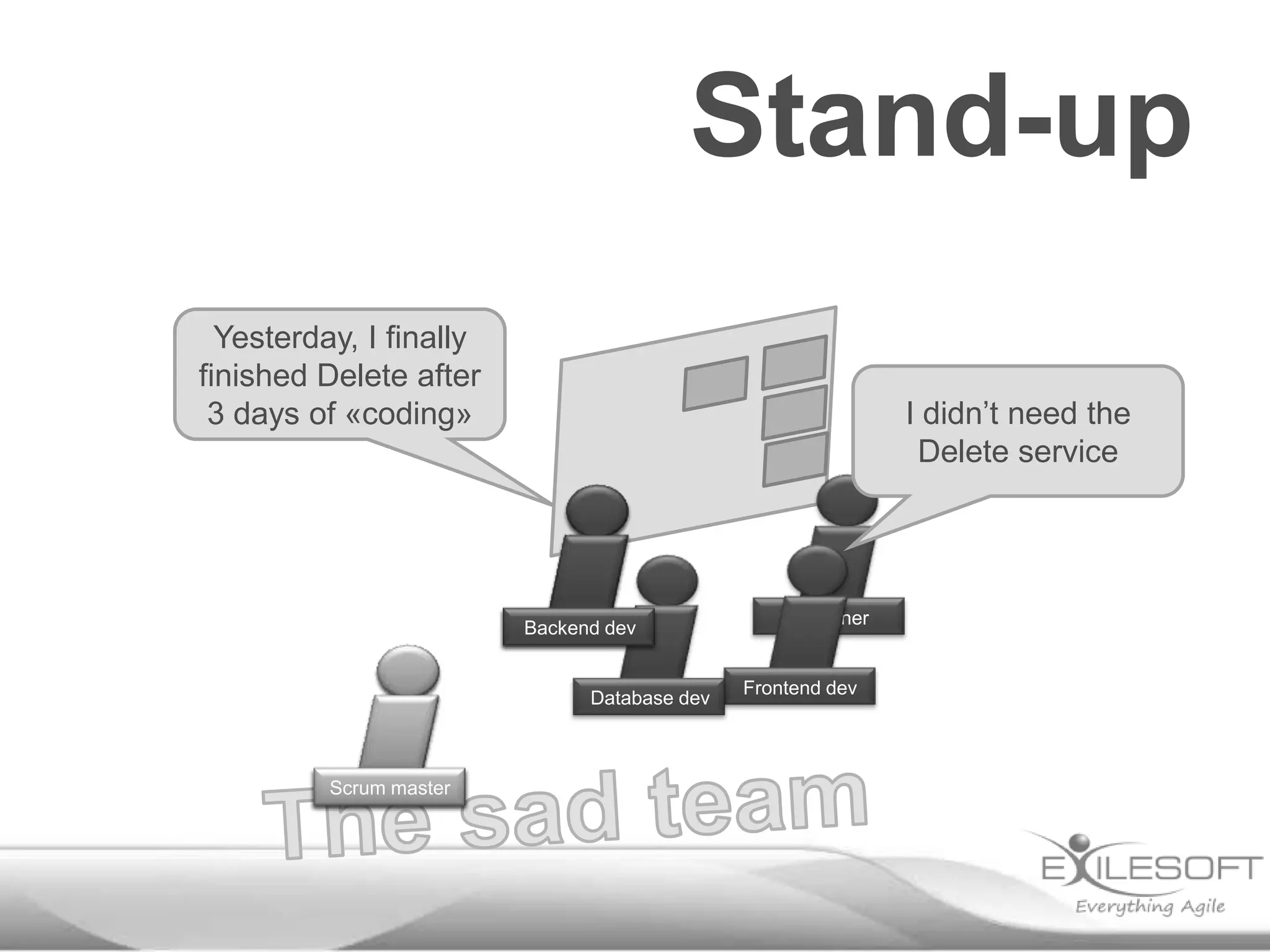 Stand-up
Yesterday, I finally
finished Delete after
3 days of «coding»

I didn’t need the
Delete service

Backend dev

Database dev

Scrum master
Johannes

Designer

Frontend dev

 