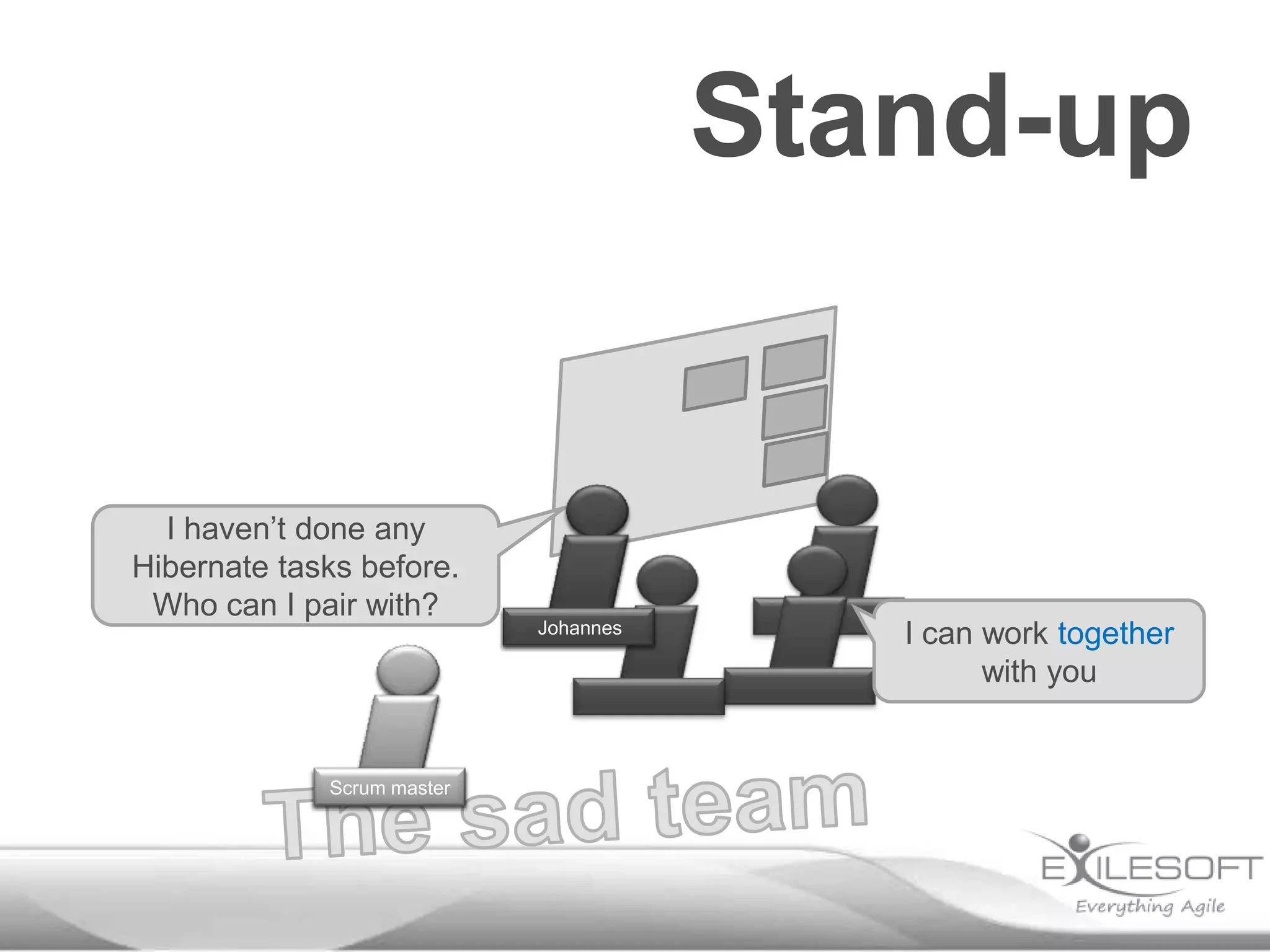 Stand-up

I haven’t done any
Hibernate tasks before.
Who can I pair with?

Scrum master
Johannes

Johannes

I can work together
with you

 