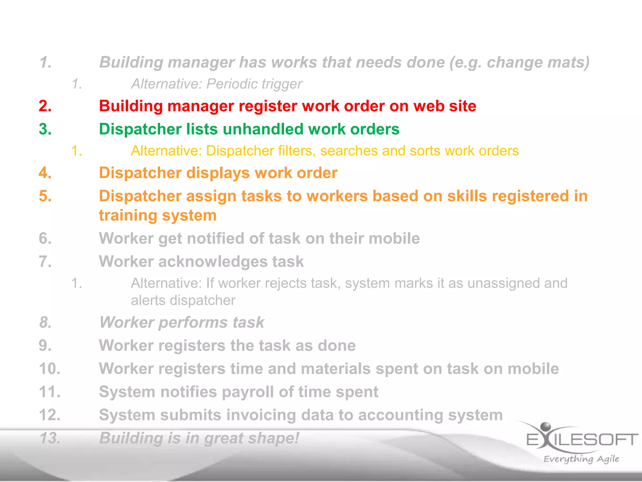 1.

Building manager has works that needs done (e.g. change mats)
1.

2.
3.

Building manager register work order on web site
Dispatcher lists unhandled work orders
1.

4.
5.

Alternative: Dispatcher filters, searches and sorts work orders

Dispatcher displays work order
Dispatcher assign tasks to workers based on skills registered in
training system
Worker get notified of task on their mobile
Worker acknowledges task

6.
7.
1.

8.
9.
10.
11.
12.
13.

Alternative: Periodic trigger

Alternative: If worker rejects task, system marks it as unassigned and
alerts dispatcher

Worker performs task
Worker registers the task as done
Worker registers time and materials spent on task on mobile
System notifies payroll of time spent
System submits invoicing data to accounting system
Building is in great shape!

 