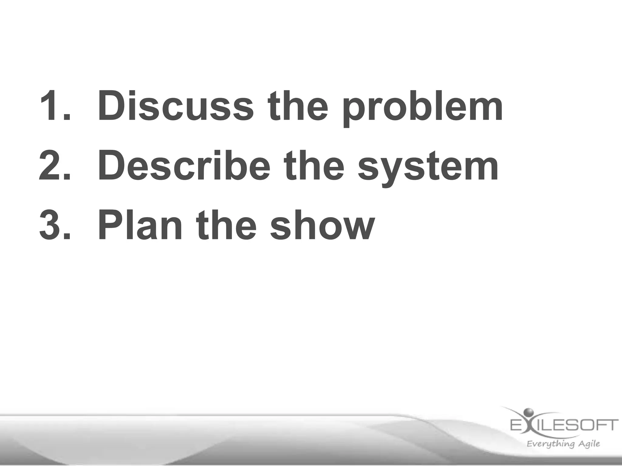 1. Discuss the problem
2. Describe the system
3. Plan the show

 