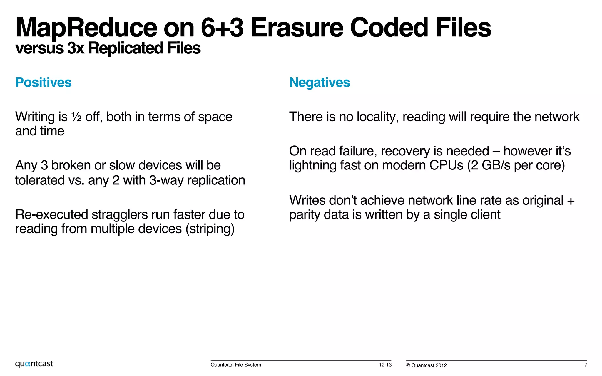 © Quantcast 2012!
MapReduce on 6+3 Erasure Coded Files 
versus 3x Replicated Files!
Positives!
Writing is ½ off, both in terms of space
and time!
Any 3 broken or slow devices will be
tolerated vs. any 2 with 3-way replication!
Re-executed stragglers run faster due to
reading from multiple devices (striping)!
12-13!Quantcast File System! 7!
Negatives!
There is no locality, reading will require the network!
On read failure, recovery is needed – however it’s
lightning fast on modern CPUs (2 GB/s per core)!
Writes don’t achieve network line rate as original +
parity data is written by a single client!
 