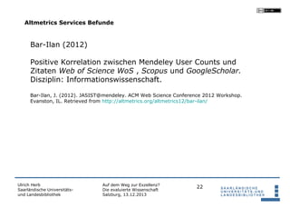 Altmetrics Services Befunde

Bar-Ilan (2012)
Positive Korrelation zwischen Mendeley User Counts und
Zitaten Web of Science...