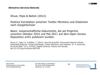 Altmetrics Services Befunde

Shuai, Pepe & Bollen (2012)
Positive Korrelation zwischen Twitter Mentions und Zitationen
nac...