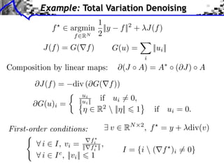 Example: Total Variation Denoising
1
f ⇥ argmin ||y
f RN 2

J(f ) = G( f )

f ||2 + J(f )

G(u) =
i

(J

Composition by linear maps:
J(f ) =
⇥G(u)i =

A) = A

( J) A

div ( G( f ))
if ui ⇥= 0,
R2  || || 1

ui
||ui ||

First-order conditions:
⇥i
⇥i

||ui ||

I, vi =
I c , ||vi ||

v

fi
|| fi || ,

1

RN

if ui = 0.
2

, f = y + div(v)

I = {i  (⇥f )i = 0}

 