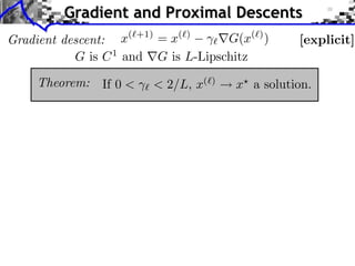 Gradient and Proximal Descents
x( +1) = x( )
G(x( ) )
Gradient descent:
G is C 1 and G is L-Lipschitz
Theorem:

If 0 <

< 2/L, x(

)

[explicit]

x a solution.

 